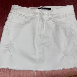 White denim, mini skirt, distressed express
